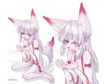  1girl absurdres animal_ears bangs bare_shoulders barefoot blush commission cum cum_on_hair detached_sleeves fox_ears fox_girl fox_tail furry furry_female grey_hair grey_tail highres jacket long_hair looking_at_viewer multiple_views naked_jacket original popopoka red_eyes shiny shiny_hair sitting skindentation tail tongue tongue_out white_jacket 