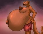  anthro belly big_belly big_breasts bottomwear breasts clothing disney felid female hyper hyper_pregnancy lion mammal mature_female nave navel nipples outie_navel pantherine pregnant sarabi shorts solo somevelvetmorning the_lion_king 