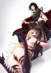 2girls black_sclera blonde_hair bondage_outfit boots collar colored_sclera couch crotch_zipper facial_mark forehead_mark fubuki_(one-punch_man) high_heel_boots high_heels highres holding holding_whip kaijin_hime_do-s leg_worship licking licking_leg looking_at_viewer multiple_girls one-punch_man pink_eyes sharp_teeth sitting spiked_collar spikes spykeee teeth thigh_boots thighhighs tongue tongue_out whip yuri zipper zipper_panties 
