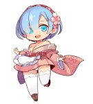  1girl blue_eyes blue_hair breasts deformed full_body hair_ornament hair_over_one_eye highres looking_at_viewer mota open_mouth re:zero_kara_hajimeru_isekai_seikatsu rem_(re:zero) short_hair simple_background smile solo thighhighs white_background x_hair_ornament 