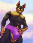  2022 anthro athletic athletic_anthro athletic_male bottomwear canid canine canis clothing dimonis domestic_dog hi_res male mammal muscular muscular_male pants pink_bottomwear pink_clothing pink_pants simple_background smile solo yellow_eyes 