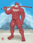  absurd_res anthro balls big_muscles brown_body brown_fur erection fur genitals hi_res humanoid_genitalia humanoid_penis katana kemono kumatetsu male male/male mammal melee_weapon muscular muscular_anthro muscular_male nipples nude outside penis risuhiena solo sword the_boy_and_the_beast ursid weapon 