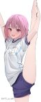  1girl :d absurdres arms_up bangs barefoot blue_shorts blush breasts character_request copyright_request gym_uniform highres kawai_ritsu_(rits_meg) leg_lift leg_up legs looking_at_viewer medium_hair open_mouth pink_eyes pink_hair shadow shirt short_sleeves shorts sidelocks small_breasts smile solo split standing standing_on_one_leg standing_split stretching thighs twitter_username white_shirt 