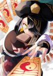  1girl black_hair brown_eyes character_doll dutch_angle fate/grand_order fate_(series) fingerless_gloves food food_in_mouth foreshortening from_above gloves hair_over_one_eye hat jewelry mole mole_under_eye mouth_hold ofuda ring solo toast toast_in_mouth ugetsu_(chimere/marie) xu_fu_(fate) yu_mei-ren_(fate) 