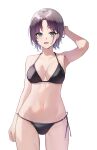  1girl :d absurdres arm_behind_head arm_up armpits asakura_toru bangs bikini black_bikini breasts breasts_apart cleavage cowboy_shot earrings highres idolmaster idolmaster_shiny_colors jewelry light_purple_hair looking_at_viewer maanu medium_breasts navel parted_bangs short_hair side-tie_bikini simple_background smile solo stomach swimsuit white_background 