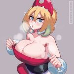  1girl bangle bare_shoulders blonde_hair blue_eyes bracelet breasts cleavage dress dress_tug eyelashes flying_sweatdrops grey_background hair_between_eyes hair_ornament highres hot huge_breasts irida_(pokemon) jewelry jose_bonn looking_at_viewer necklace open_mouth pokemon pokemon_(game) pokemon_legends:_arceus red_dress sash short_hair signature simple_background steam steaming_body strapless strapless_dress sweat upper_body 