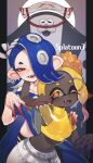  1boy 2girls absurdres asymmetrical_hair big_man_(splatoon) cephalopod_eyes chest_sarashi crop_top dark-skinned_female dark_skin ear_piercing fangs frye_(splatoon) hair_over_one_eye hand_on_another&#039;s_shoulder highres multiple_girls navel open_mouth piercing pointy_ears prat_rat sarashi sash see-through shiver_(splatoon) smile splatoon_(series) splatoon_3 stomach suction_cups tentacle_hair 