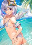  1girl amane_kanata angel_wings ass bare_shoulders beach bikini blue_bikini blue_hair blush bob_cut breasts cloud colored_inner_hair cowboy_shot feathered_wings front-tie_bikini front-tie_top grey_hair halo halterneck hololive kibanda_gohan looking_at_viewer multicolored_hair ocean open_mouth pink_hair purple_eyes short_hair sideboob sideways_glance small_breasts solo splashing star_halo streaked_hair swimsuit tropical virtual_youtuber wading water_drop wet wet_clothes white_wings wings 