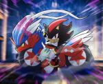  absurdres akira akira_slide clenched_teeth full_body ground_vehicle highres holding holding_pokemon koraidon motor_vehicle motorcycle pokemon pokemon_(creature) remoraid riding shadow_the_hedgehog shadow_the_hedgehog_(game) sonic_(series) teeth xdaze 