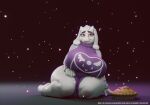  3d_(artwork) anthro big_breasts boss_monster bovid breasts caprine chunkerbuns clothed clothing digital_media_(artwork) female fur goat hi_res horn huge_breasts huge_thighs kneeling looking_aside mammal mature_anthro mature_female red_eyes simple_background smile solo thick_thighs toriel undertale undertale_(series) video_games white_body white_fur 