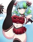  1girl absurdres black_choker black_thighhighs blue_sky bow breasts bsapricot_(vtuber) cheerleader choker cloud commentary demon_girl demon_horns demon_wings english_commentary green_eyes green_hair hair_bow hair_ornament highres horn_piercing horns large_breasts leg_up looking_at_viewer mini_wings miniskirt multicolored_hair muugumemo navel navel_piercing piercing pointy_ears pom_pom_(clothes) red_shirt red_skirt scarz shirt short_hair short_hair_with_long_locks sidelocks skirt sky smile star_(symbol) star_hair_ornament strapless streaked_hair thighhighs tube_top virtual_youtuber vshojo wings 