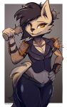  absurd_res anthro armor bat_(object) belt breasts canid canine chain chest_tuft clothing fanch1 female fluffy fluffy_tail fur hi_res leather leather_clothing looking_at_viewer mammal punk solo spiked_armor spiked_bat spikes spots spotted_body spotted_fur teeth tuft wide_hips yena_terrane 