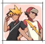  2boys ;) bangs baseball_cap black_shirt blonde_hair blue_oak border brown_hair closed_mouth collared_shirt commentary_request frown hand_up hat locked_arms lvlv male_focus multiple_boys one_eye_closed pokemon pokemon_(game) pokemon_sm raglan_sleeves red_(pokemon) red_headwear shirt short_hair short_sleeves smile spiked_hair split_mouth strap sunglasses t-shirt tan white_border 