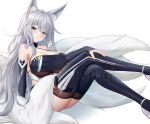  1girl animal_ears ankle_strap azur_lane bare_shoulders blue_eyes breasts chinese_commentary cleavage copyright_name criss-cross_halter crossed_legs detached_sleeves dot_nose elbow_gloves fox_ears fox_girl gloves hair_between_eyes hair_tie_in_mouth halterneck hand_on_own_leg high_heels huge_breasts kitsune long_hair looking_at_viewer mouth_hold official_alternate_costume race_queen shenqi_(toid310) shinano_(azur_lane) simple_background sitting solo thighhighs thighs white_background white_footwear white_hair 