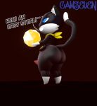  2022 3d_(artwork) anthro atlus bandanna big_butt black_body black_fur blue_eyes bubble_butt butt camseven dialogue digital_media_(artwork) domestic_cat english_text erection felid feline felis fur gem genitals grin half-closed_eyes hi_res holding_gem holding_object inner_ear_fluff kerchief looking_away male mammal megami_tensei megami_tensei_persona morgana_(persona) multicolored_body multicolored_fur narrowed_eyes penis rear_view sharp_teeth simple_background smile solo standing teeth text thick_thighs tuft video_games watermark white_body white_fur wide_hips 