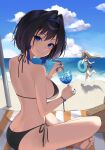  2girls absurdres bikini black_bikini black_hair blue_eyes blue_nails bow bow_earrings breasts brown_hair cup drinking_glass drinking_straw earrings hair_intakes hairband highres hololive hololive_english indian_style jewelry large_breasts multiple_girls nanashi_mumei ouro_kronii ponytail running side-tie_bikini sitting smile swimsuit taccho virtual_youtuber 