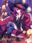  1girl :o black_dress crossed_legs dress hat highres kiya_machi lady_musk_(otogi:spirit_agents) long_hair looking_at_viewer official_art open_mouth otogi:spirit_agents parted_lips purple_eyes red_hair sitting solo thighhighs wavy_hair witch_hat 