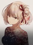  1girl bangs blonde_hair bob_cut closed_mouth commentary_request completely_nude gradient gradient_background grey_background hair_ribbon looking_at_viewer lycoris_recoil nishikigi_chisato nude red_eyes red_ribbon ribbon roko_(pe0e07) short_hair solo upper_body white_background white_hair 