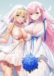  +_+ 2girls alternate_costume aqua_background asymmetrical_docking azur_lane bare_shoulders black_background blonde_hair blue_bow blue_eyes blue_flower blue_hair blue_ribbon blue_rose blush bouquet bow breast_press breasts bridal_veil bride center_opening character_name choker cleavage commentary_request cover cover_page covered_nipples cowboy_shot dangle_earrings doujin_cover dress earrings elbow_gloves english_text fang feathers flower gloves green_eyes grin gyaru halftone hand_up highres holding holding_bouquet index_finger_raised jewelry lace-trimmed_choker lace-trimmed_legwear lace_trim large_breasts looking_at_viewer marblehead_(azur_lane) memphis_(azur_lane) multicolored_hair multiple_girls pink_hair polka_dot polka_dot_background purple_hair revealing_clothes ribbon rose see-through short_hair_with_long_locks silveroid skindentation skirt_hold sleeveless sleeveless_dress smile streaked_hair tan thighhighs tiara two-tone_hair v_arms veil wedding_dress white_choker white_dress white_gloves white_thighhighs 