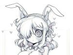  1girl alternate_costume animal_ears bangs blush bow bowtie breasts cleavage detached_collar fake_animal_ears greyscale hair_over_one_eye heart heart_in_eye helltaker horns large_breasts looking_at_viewer medium_hair modeus_(helltaker) mole mole_on_breast monochrome phantom_ix_row rabbit_ears simple_background solo symbol_in_eye 