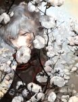  1boy bangs closed_mouth cotton_boll flower_request grey_hair kuga_yuuma looking_away looking_down male_focus red_eyes sad short_hair solo sorayumeamano traditional_media turtleneck upper_body world_trigger 