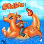  ambiguous_gender animate_inanimate barefoot blue_eyes charizard claws clothed clothing digital_media_(artwork) dragon duo feet floating hair hi_res humanoid inflatable living_inflatable male mammal maxwell_longtail membrane_(anatomy) membranous_wings multicolored_body nintendo open_mouth orange_body outside pok&eacute;mon pok&eacute;mon_(species) pool_float pool_toy rubber seaside simple_background sky smile toe_claws toes video_games water wings 