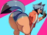  anthro big_butt blue_body blue_eyes blue_hair brand_new_animal breasts brown_body brown_fur butt canid canine cherryfox73 clothed clothing female fluffy fluffy_tail fur gesture hair huge_thighs looking_at_viewer mammal michiru_kagemori raccoon_dog solo studio_trigger tanuki thick_thighs topwear v_sign 