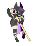  absurd_res anthro arm_wraps bandage_wraps bandaged_arm bent_over black_body black_fur black_sclera clothed clothing egyptian egyptian_clothing felid female fur hair hi_res holding_object in_heat_(game) leg_wraps lordaku mammal nile_(in_heat) purple_hair solo staff unamused wraps yellow_eyes 