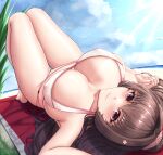  1girl absurdres beach beach_towel bikini blue_sky blush breasts brown_eyes brown_hair cleavage closed_mouth cloud flower hair_between_eyes hair_flower hair_ornament high_ponytail highres kantai_collection knees_up large_breasts long_hair looking_at_viewer lying musanix ocean official_alternate_costume on_back ponytail red_towel sky smile solo sunlight swimsuit towel upside-down white_bikini yamato_(kancolle) yamato_kai_ni_(kancolle) 