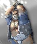  2022 absurd_res anthro asian_clothing black_nose blood bodily_fluids brown_body chain chained clothing east_asian_clothing fundoshi hi_res humanoid_hands japanese_clothing juuichi_mikazuki kakukaku kemono male mammal morenatsu overweight overweight_male solo underwear ursid video_games visual_novel white_clothing white_fundoshi white_underwear 