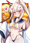  :o adapted_costume angel_lingxing ayanami_(azur_lane) azur_lane bangs blonde_hair blue_sailor_collar breasts cameltoe collarbone commentary_request crop_top detached_sleeves head_tilt heart holding holding_tray long_hair looking_at_viewer medicine_bottle medium_breasts navel neckerchief orange_eyes ponytail revealing_clothes sailor_collar sideboob sidelocks sleeves_past_fingers sleeves_past_wrists speech_bubble spoken_heart stomach thighhighs thong tray underboob very_long_hair very_long_sleeves white_thighhighs yellow_neckerchief 
