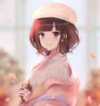  1girl absurdres bangs blurry blurry_background blush gift highres jacket jewelry looking_at_viewer medium_hair mnemo necklace nijisanji outdoors petals pink_jacket purple_eyes ribbed_sweater smile solo standing suzuka_utako sweater upper_body virtual_youtuber white_headwear white_sweater 