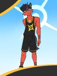  abstract_background anthro anthrofied bottomwear clothed clothing fully_clothed fuze hi_res lucas_(fuze) male nintendo pok&eacute;mon pok&eacute;mon_(species) pok&eacute;morph shirt shorts solo tank_top topwear torracat video_games 