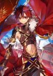  1boy alexander_(fate) architecture blurry blurry_background clothing_cutout collared_cape commentary_request fate/grand_order fate_(series) greco-roman_architecture hair_between_eyes highres holding holding_sword holding_weapon leotard looking_at_viewer midriff_peek navel navel_cutout outdoors outstretched_arm red_eyes red_hair short_hair_with_long_locks solo stomach stomach_cutout sword weapon zyalingguang 