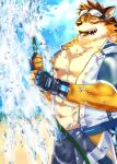  abs absurd_res anthro barrel_(live-a-hero) bulge canid canine canis clothing eyewear fingerless_gloves gloves goggles goricky555 handwear hi_res lifewonders live-a-hero male mammal muscular muscular_anthro muscular_male nipples one_eye_closed pecs swimwear video_games water wink wolf 