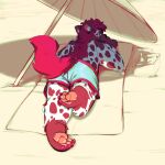  absurd_res anthro basket beach brown_body brown_fur claws container eyes_closed fur hair hi_res hyaenid lying male mammal on_front parasol paws picnic_basket pink_paws resting seaside shadow shockstk shorts_only solo spots spotted_body spotted_fur spotted_hyena summer white_body white_fur 
