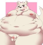  2022 anthro balls belly big_belly blush bodily_fluids canid canine flaccid genitals hi_res kemono kusosensei male mammal moobs navel nipples obese obese_male overweight overweight_male penis simple_background solo sweat 