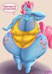  2022 absurd_res anthro apron big_breasts breasts clothing cutie_mark derpx1 dialogue digital_media_(artwork) english_text equid equine eyebrows eyelashes female friendship_is_magic front_view grin hasbro hi_res huge_breasts mammal mature_female morbidly_obese morbidly_obese_female mrs._cake_(mlp) my_little_pony nipple_outline obese obese_female one_eye_closed overweight overweight_female simple_background smile solo text 