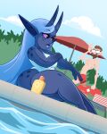  blen_bodega blue_body breasts clothing eyewear female fi_(blen_bodega) hi_res horn horned_humanoid human humanoid lifeguard male mammal not_furry one-piece_swimsuit sebastian_(blen_bodega) swimming_pool swimwear thick_thighs umbrella 