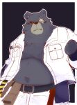  2022 anthro belly ben_(zenless_zone_zero) black_body blush bottomwear clothed clothing hi_res kemono male mammal mihoyo navel open_clothing open_shirt open_topwear overweight overweight_male pants scar shirt snow_utamaru solo topwear ursid video_games zenless_zone_zero 