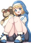  1girl :d absurdres bike_shorts blonde_hair blue_eyes blush bridget_(guilty_gear) bulge guilty_gear guilty_gear_strive hashira_14 highres hood hood_up hoodie long_sleeves male_focus open_mouth otoko_no_ko roger_(guilty_gear) simple_background sitting smile solo stuffed_animal stuffed_toy teddy_bear thighs transgender white_background 