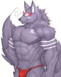  abs anthro bottomwear canid canine canis captainjohkid clothing fur fur_markings hi_res loincloth male mammal markings muscular muscular_anthro muscular_male nipples pecs purple_body purple_fur solo tattoo wolf 