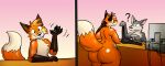  anthro big_butt black_nose brown_ears bubble_butt butt canid canine clothing dipstick_tail fox fur glistening glistening_body glistening_butt hair hi_res male mammal markings nude orange_body orange_fur panties simple_background smile standing tail_markings underwear zed_(zedfox) zenonclaw 