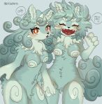  4_fingers anthro asian_mythology blue_body blue_fur breasts brown_eyes canid canine canis chest_tuft claws curled_hair curled_tail cute_fangs digital_media_(artwork) duo east_asian_mythology eyes_closed fangs female female_anthro fingers foo_dog fur hair hi_res japanese_mythology kayama_akimaru kemono komainu long_hair looking_at_viewer mammal mythology nude open_mouth sibling simple_background sister sisters smile teeth text tongue tongue_out tuft yōkai 