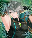  1boy abs absurdres al-haitham_(genshin_impact) aqua_eyes armor armpits bangs genshin_impact grey_hair highres leaf male_focus muscular muscular_male pinchi short_hair solo 