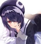  1girl aogiri_koukou_game_club bangs bed_sheet black_dress black_headwear dress hair_over_one_eye head_rest long_sleeves lying on_stomach otodama_tamako red_eyes sailor_collar sailor_dress short_hair solo thighhighs tongue tongue_out tsushi virtual_youtuber white_sailor_collar wide_sleeves 