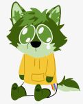  anthro bodily_fluids bottomwear canid canine canis clothing crying fur green_body green_eyes green_fur green_hair hair hi_res hoodie male mammal mmmmbeefowo rainbow_pride_colors sad shorts solo tears topwear wolf 
