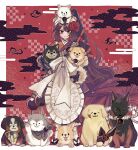  1girl absurdres animal animal_on_head apron bernese_mountain_dog brown_hair commentary dog dog_on_head egasumi fate/grand_order fate_(series) flower german_shepherd golden_retriever hair_flower hair_ornament highres holding holding_animal holding_dog husky japanese_clothes kimono kyokutei_bakin_(fate) long_hair noa_pisces on_head ponytail red_background red_eyes samoyed_(dog) shiba_inu smile too_many_dogs very_long_hair welsh_corgi 