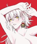  1girl earrings fate/grand_order fate_(series) highres jeanne_d&#039;arc_alter_(fate) jewelry lips long_hair nude red_background simple_background solo tomotomow00w white_hair yellow_eyes 
