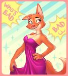  2022 anthro canid canine clothed clothing diane_foxington dreamworks dress english_text eyebrow_piercing facial_piercing female fox hi_res jewelry mammal necklace piercing richkalelena signature smile solo text the_bad_guys 